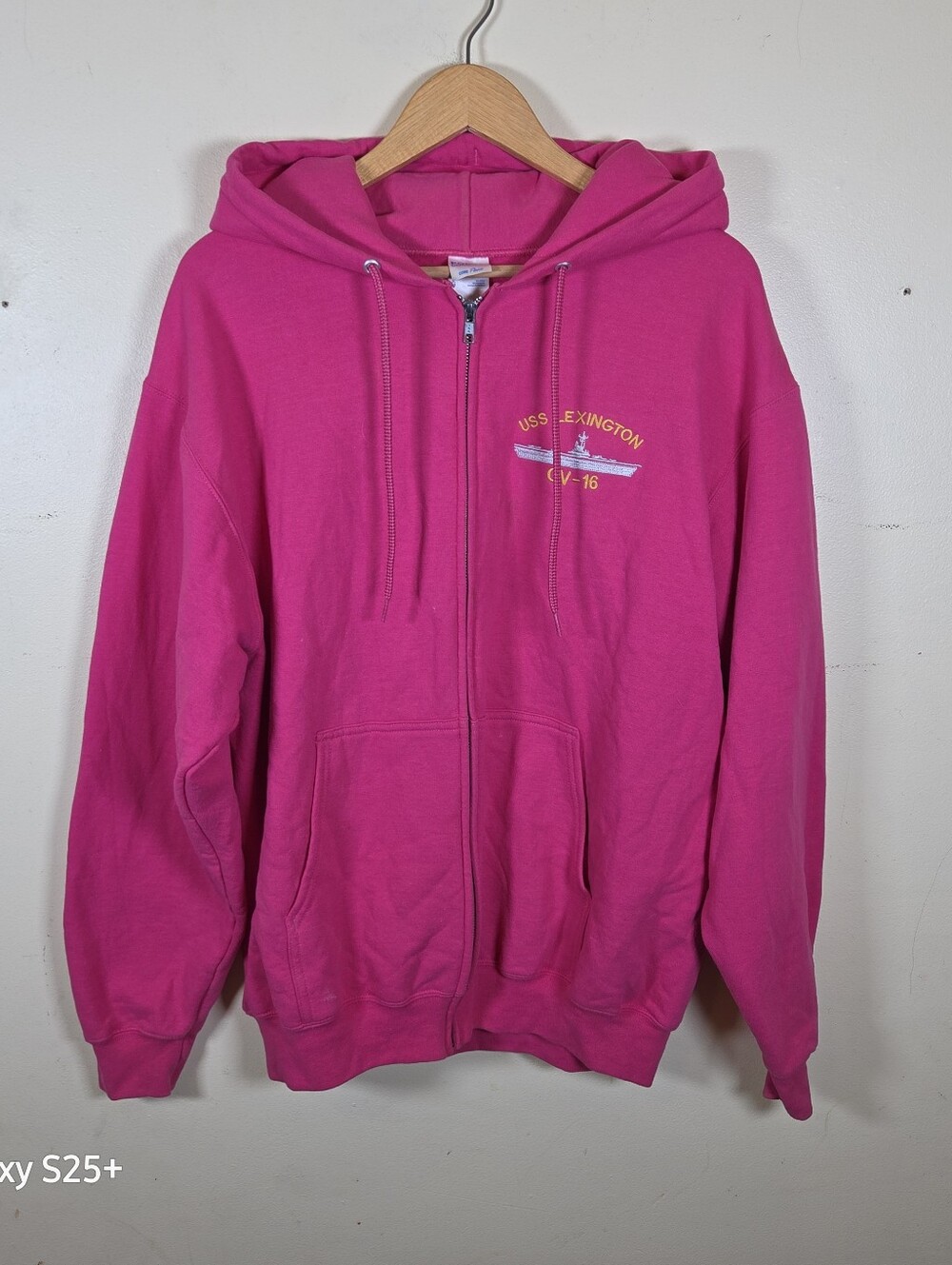 USS Lexington CV-16 ZIP-UP Pink HOODIE Port And Company Core Fleece Size Large